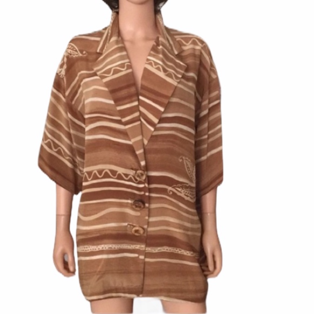 Vintage GENNY silk tan beige striped pattern blouse made in Italy